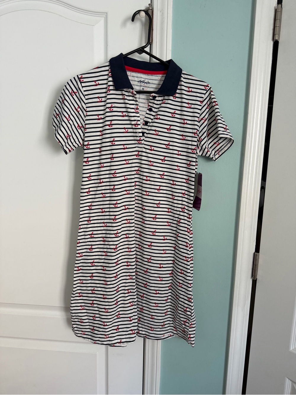 chic Navy & White Striped Polo Dress with Red Anchor Print